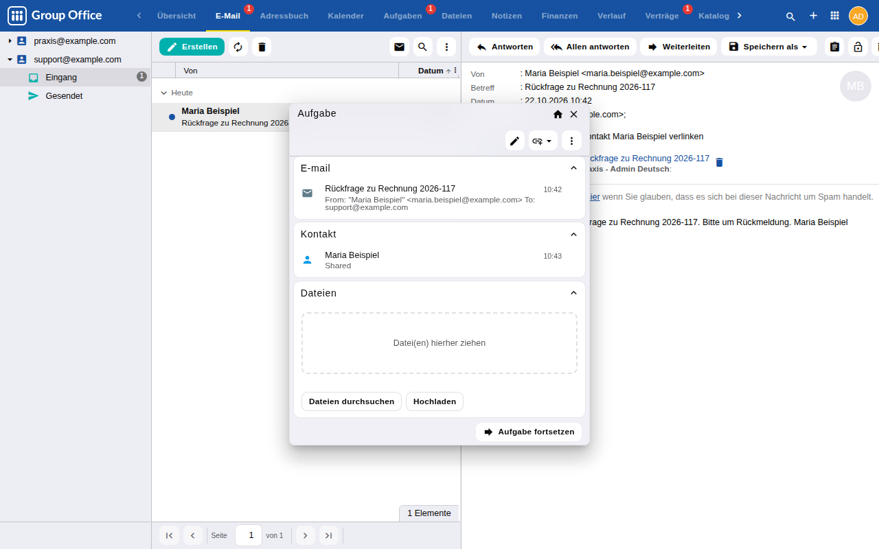 Aufgabe mit verknüpfter E-Mail und Kontakt