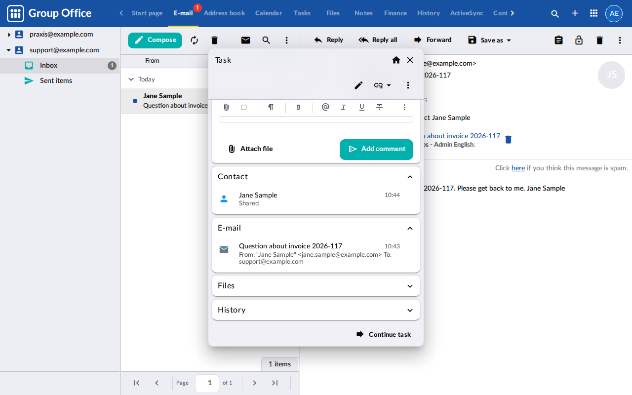 Task with linked email and contact