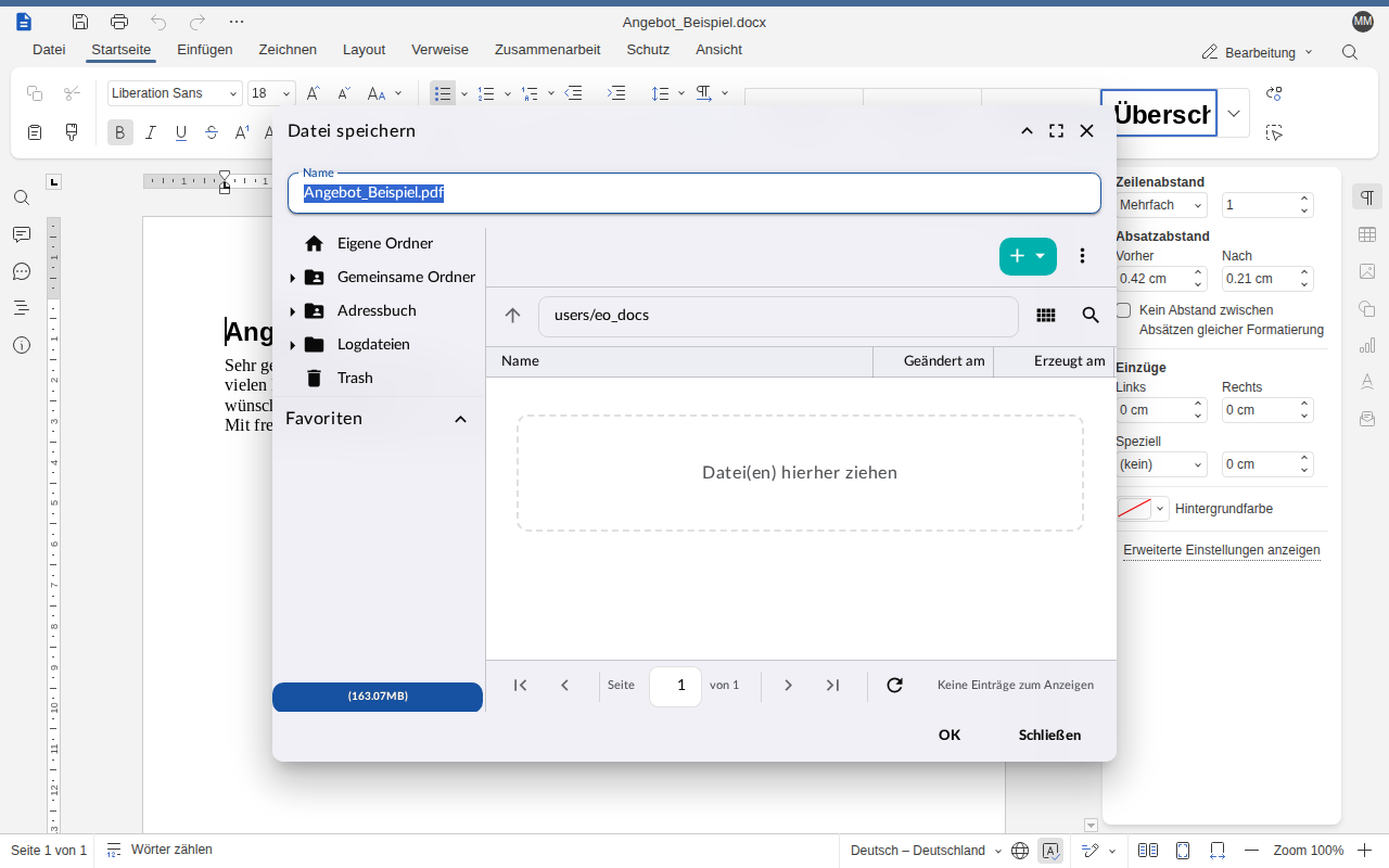 Kopie als PDF speichern — im Ordner des Dokuments