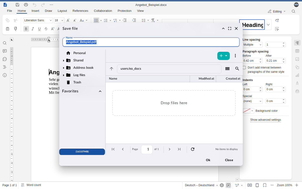 Save a copy as PDF — in the folder of the document
