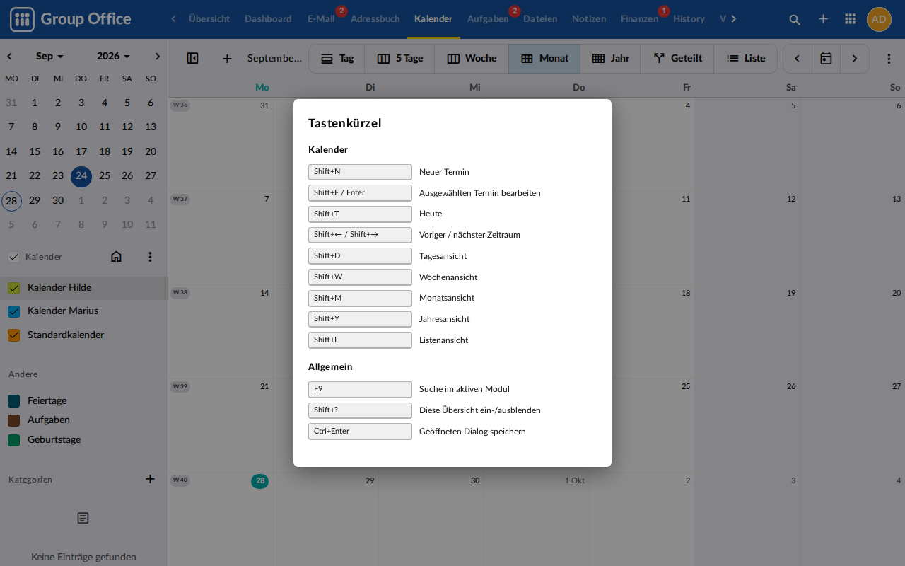 Kalenderansichten und Termine per Tastendruck