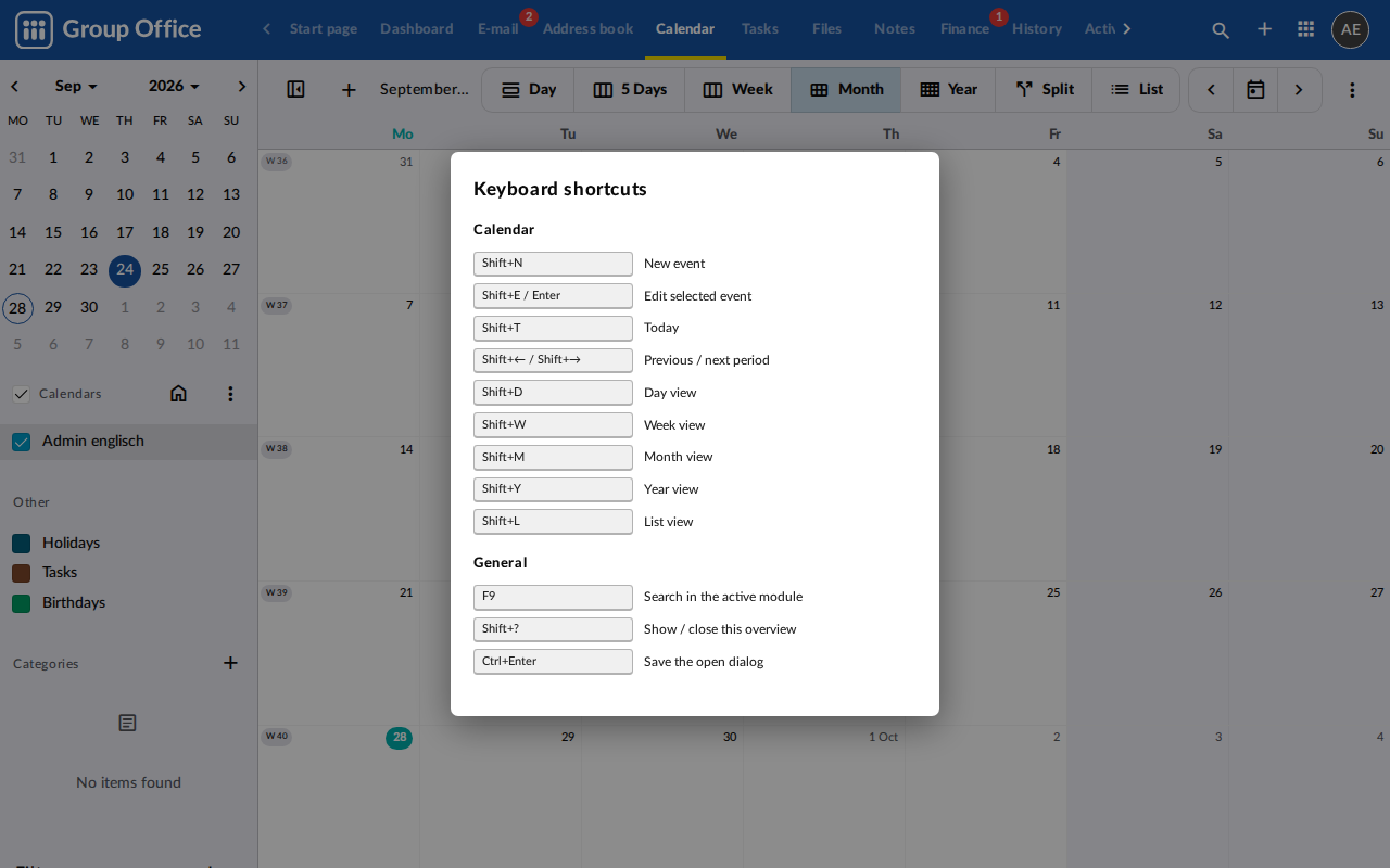 Calendar views and events at a keypress