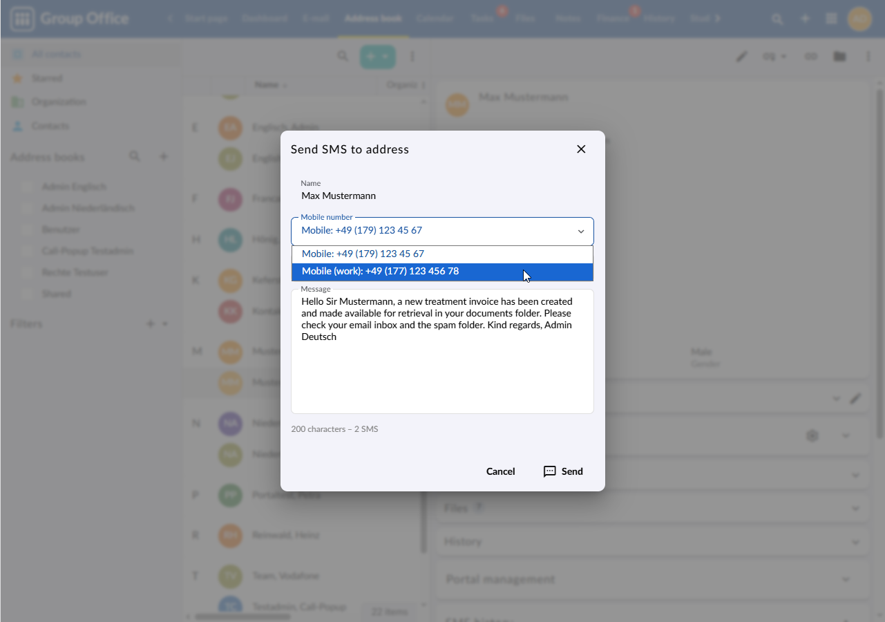 Send an SMS directly from the contact
